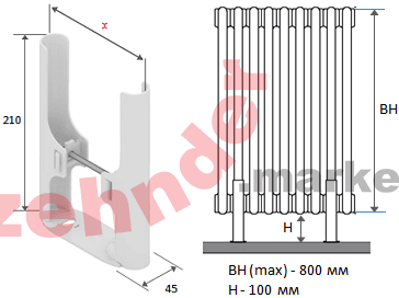 Комплект для напольного монтажа 3-трубчатых радиаторов Zehnder L=101мм RAL 9016